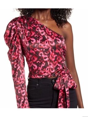 Leith Pink & Black leopard‎ print one shoulder top with tie detail ✨
